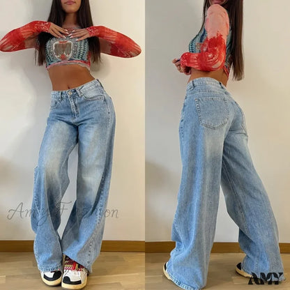 Amy Fashion - Baggy Straight Autumn Y2K Korean Streetwear High Waist Casual Denim Fashionable Jean