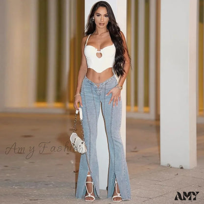 Amy Fashion - Bandage Skinny Flared High Waist Open Split Vintage Bottoms 2024 Autumn Y2K