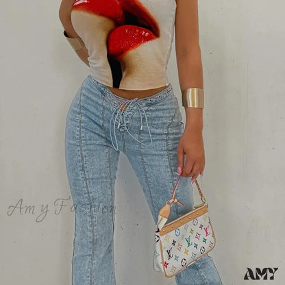 Amy Fashion - Bandage Skinny Flared High Waist Open Split Vintage Bottoms 2024 Autumn Y2K