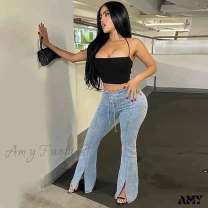 Amy Fashion - Bandage Skinny Flared High Waist Open Split Vintage Bottoms 2024 Autumn Y2K