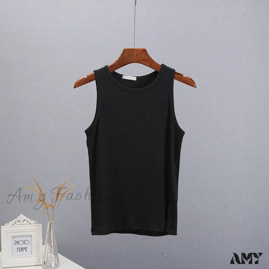 Amy Fashion - Basic Knit Ribbed Solid Vest Black / S