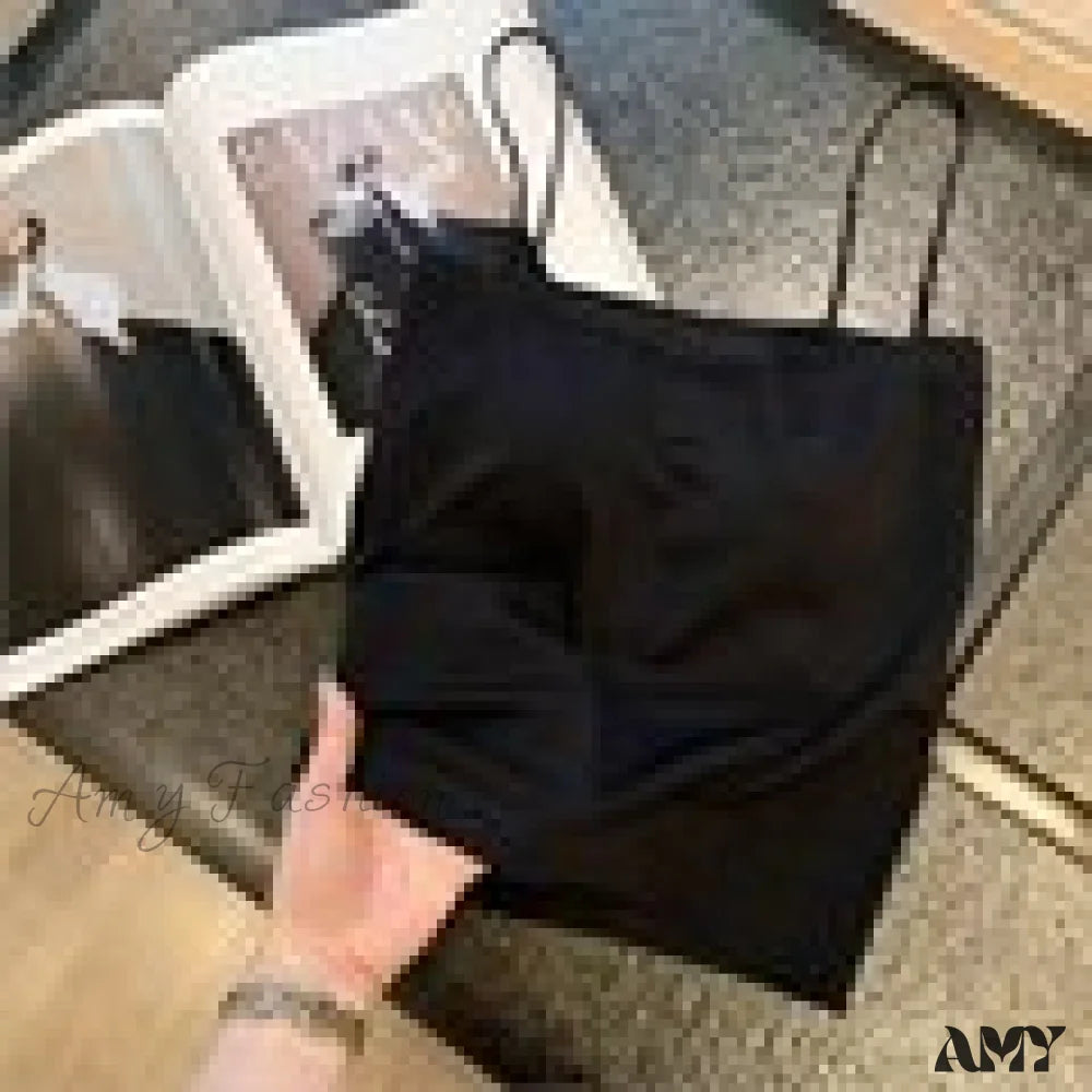 Amy Fashion - Basic Spaghetti Strap Tank Top Black / Length(9.05Inch)