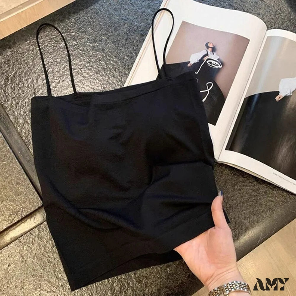 Amy Fashion - Basic Spaghetti Strap Tank Top Black / One Size