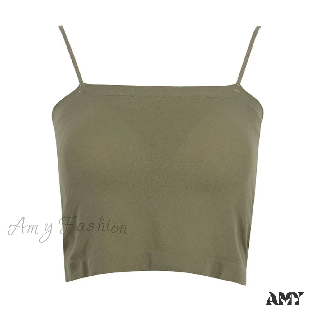 Amy Fashion - Basic Spaghetti Strap Tank Top Green / One Size