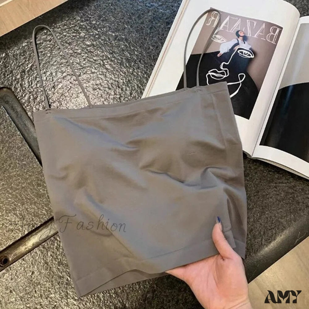 Amy Fashion - Basic Spaghetti Strap Tank Top Grey / One Size