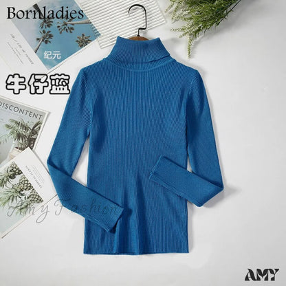 Amy Fashion - Basic Turtleneck Knitted Top Blue / S