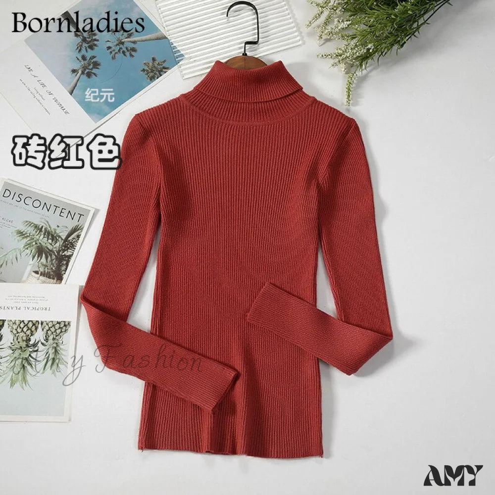 Amy Fashion - Basic Turtleneck Knitted Top Brick Red / S