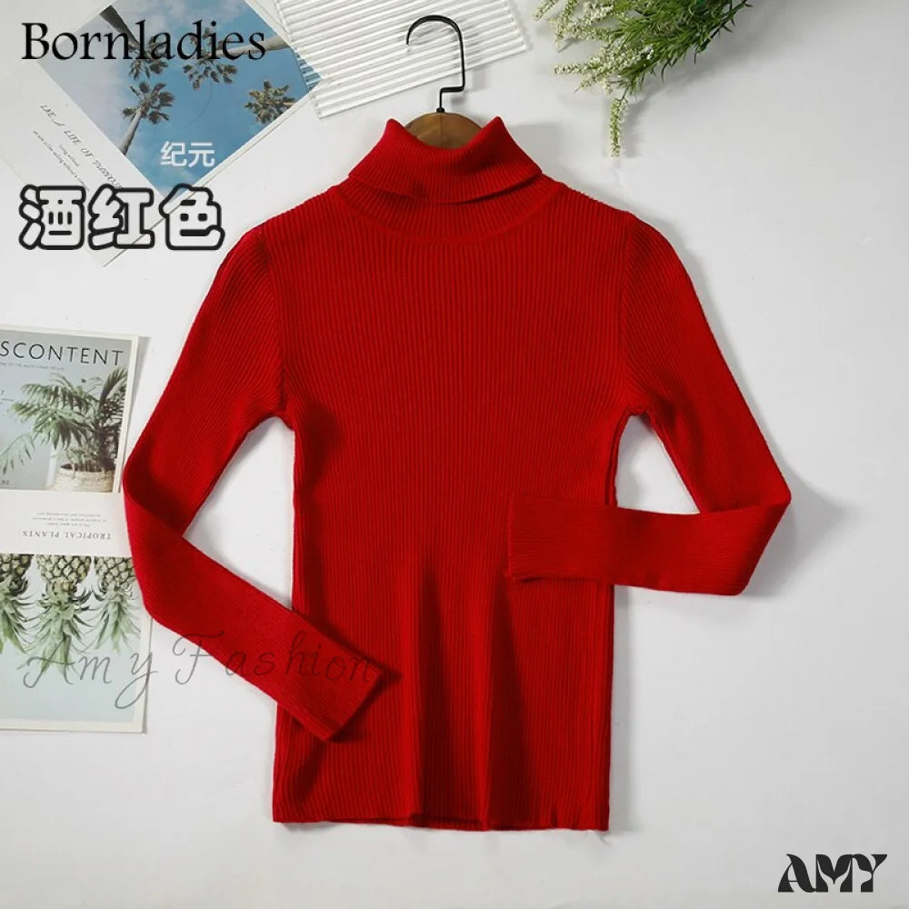 Amy Fashion - Basic Turtleneck Knitted Top Burgundy / S