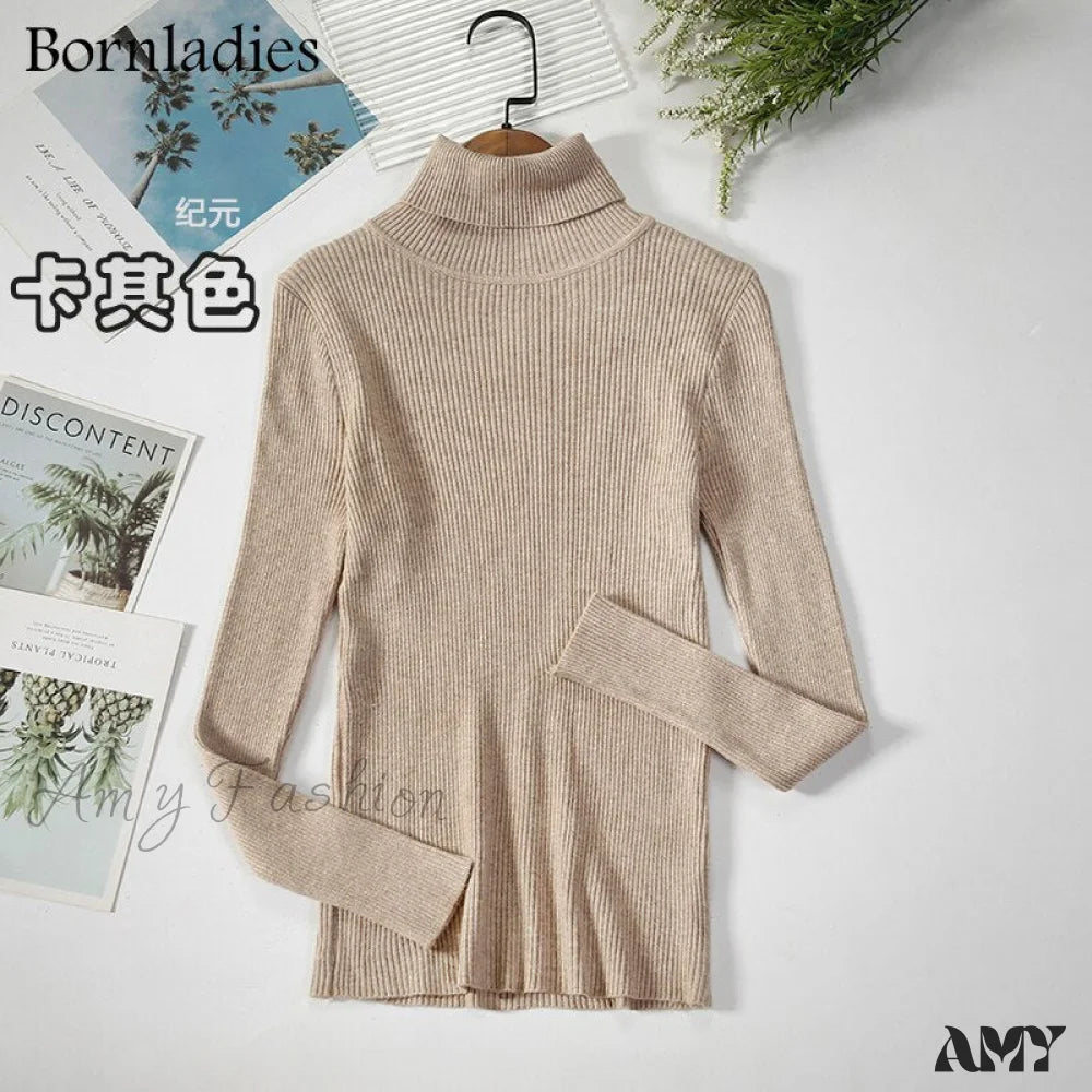 Amy Fashion - Basic Turtleneck Knitted Top Khaki / S