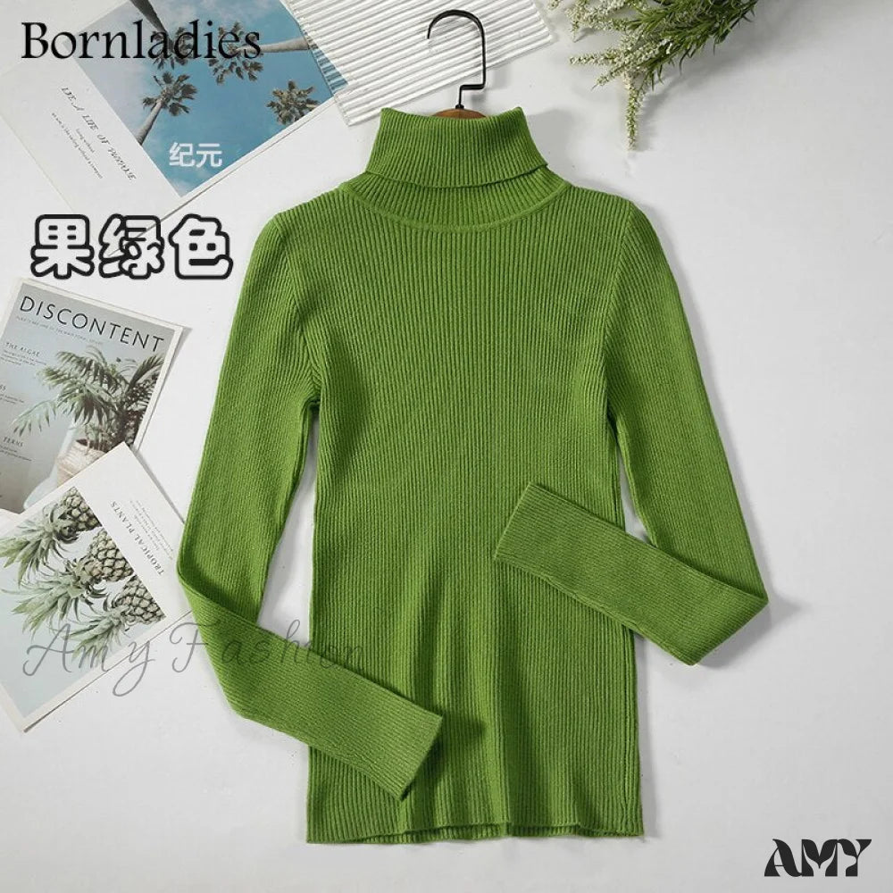 Amy Fashion - Basic Turtleneck Knitted Top Light Green / S