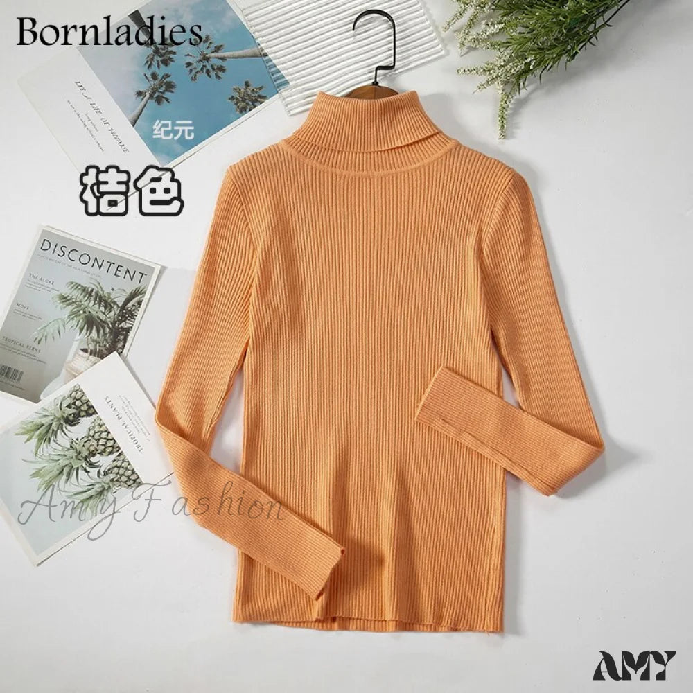 Amy Fashion - Basic Turtleneck Knitted Top Orange / S