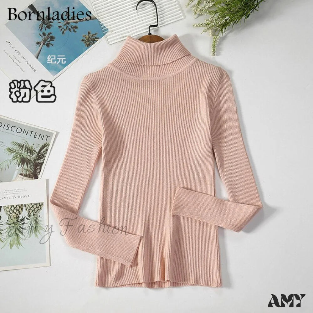 Amy Fashion - Basic Turtleneck Knitted Top Pink / S