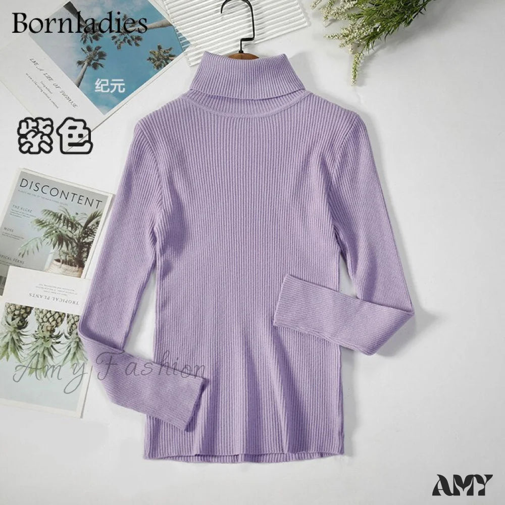 Amy Fashion - Basic Turtleneck Knitted Top Purple / S