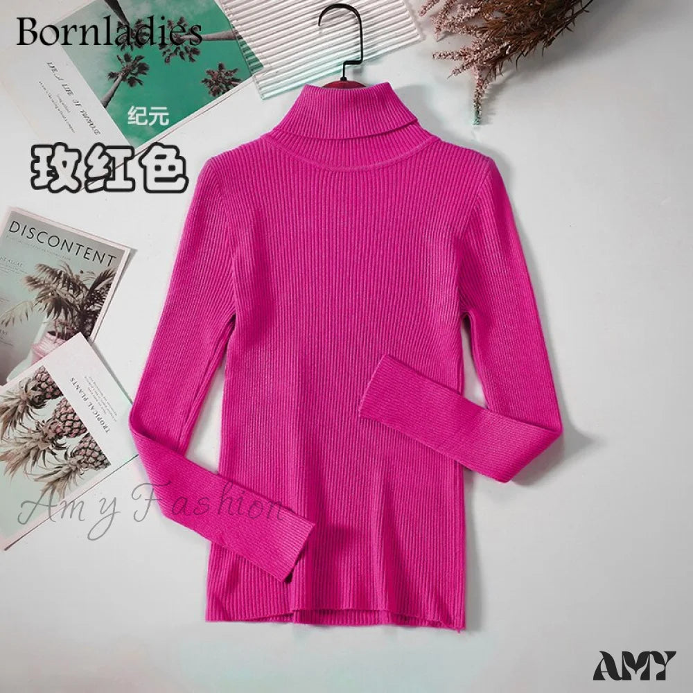 Amy Fashion - Basic Turtleneck Knitted Top Rose Red / S