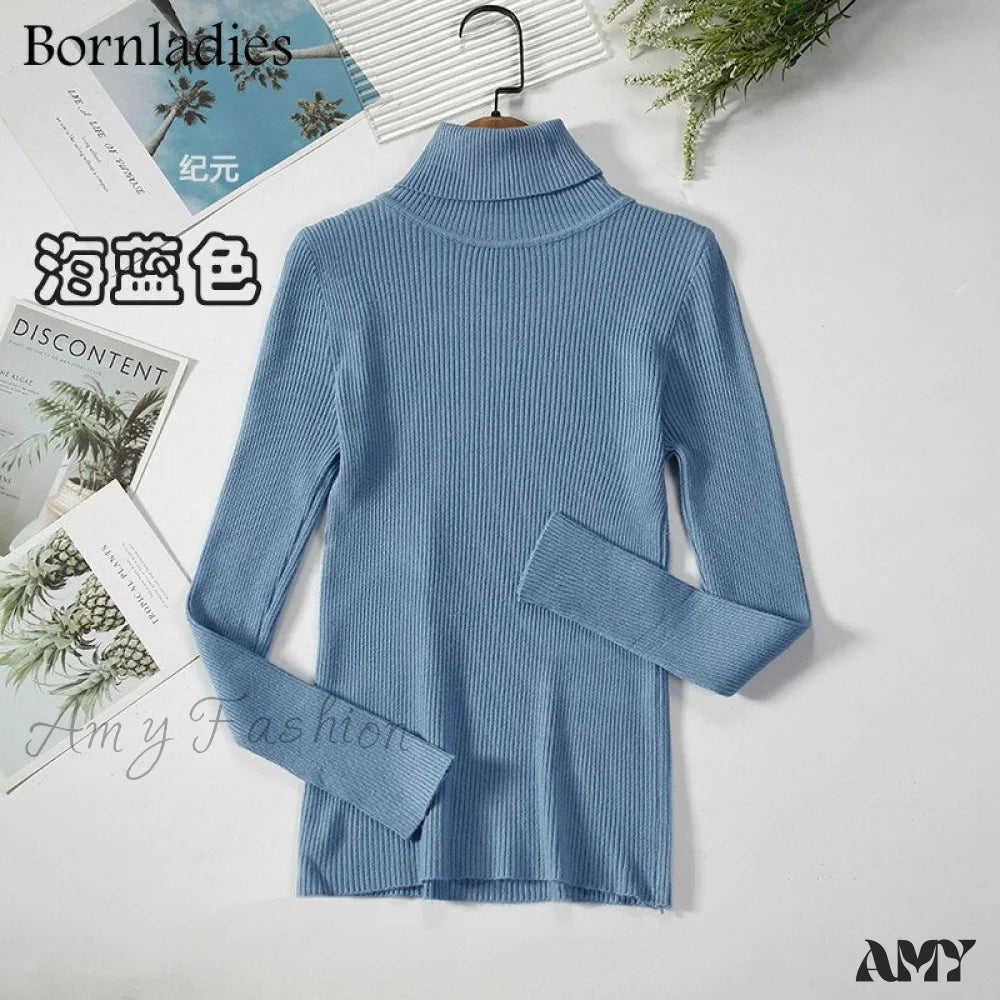 Amy Fashion - Basic Turtleneck Knitted Top Sea Blue / S