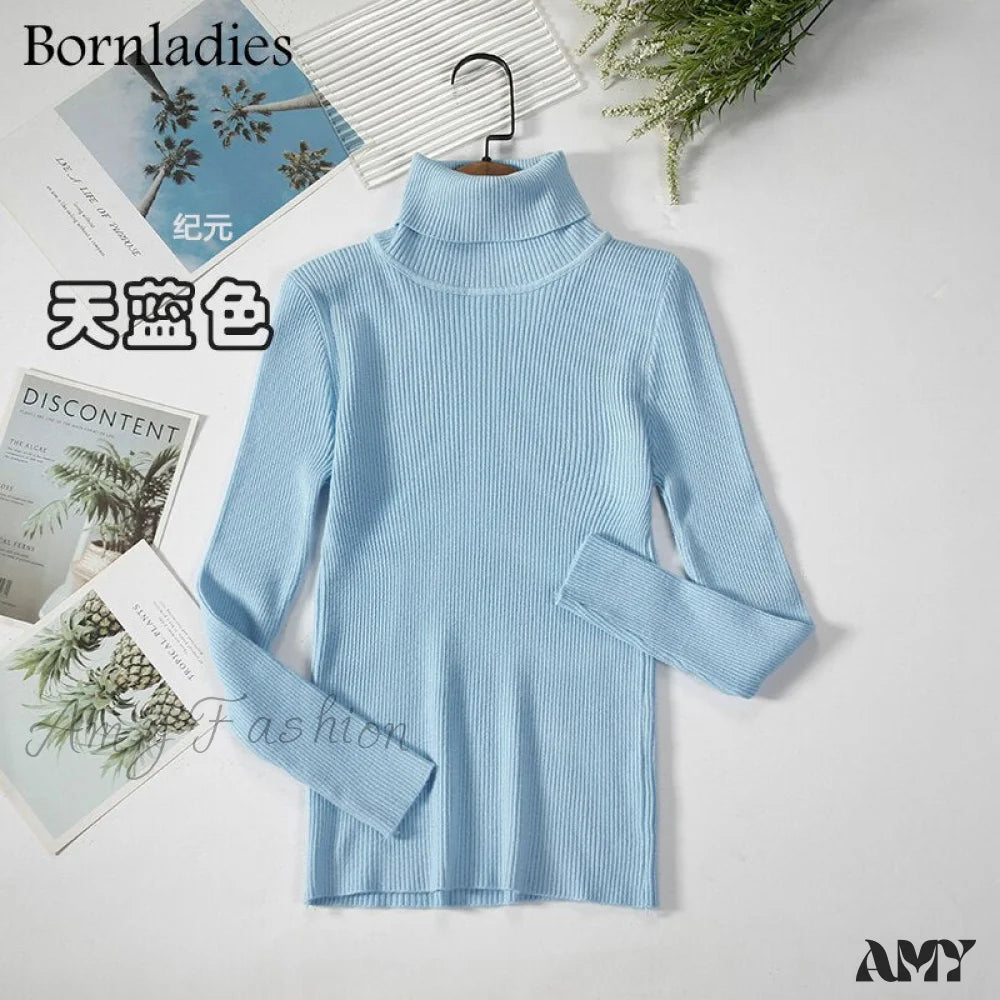 Amy Fashion - Basic Turtleneck Knitted Top Sky Blue / S