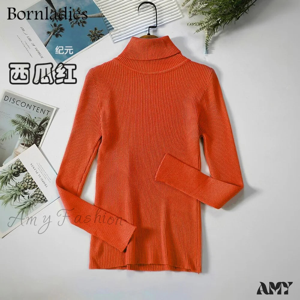 Amy Fashion - Basic Turtleneck Knitted Top Watermelon Red / S