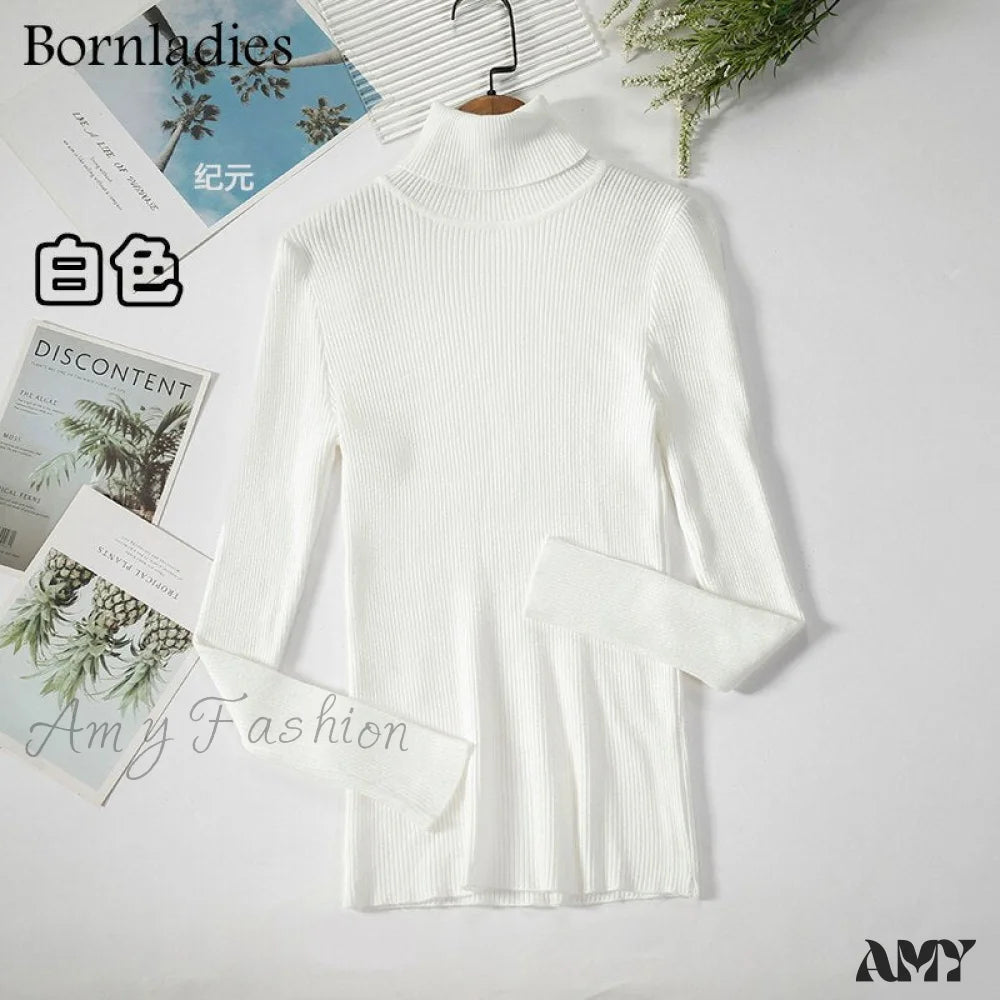 Amy Fashion - Basic Turtleneck Knitted Top White / S