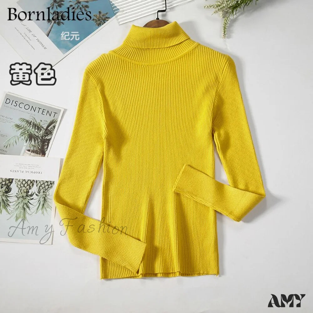 Amy Fashion - Basic Turtleneck Knitted Top Yellow / S