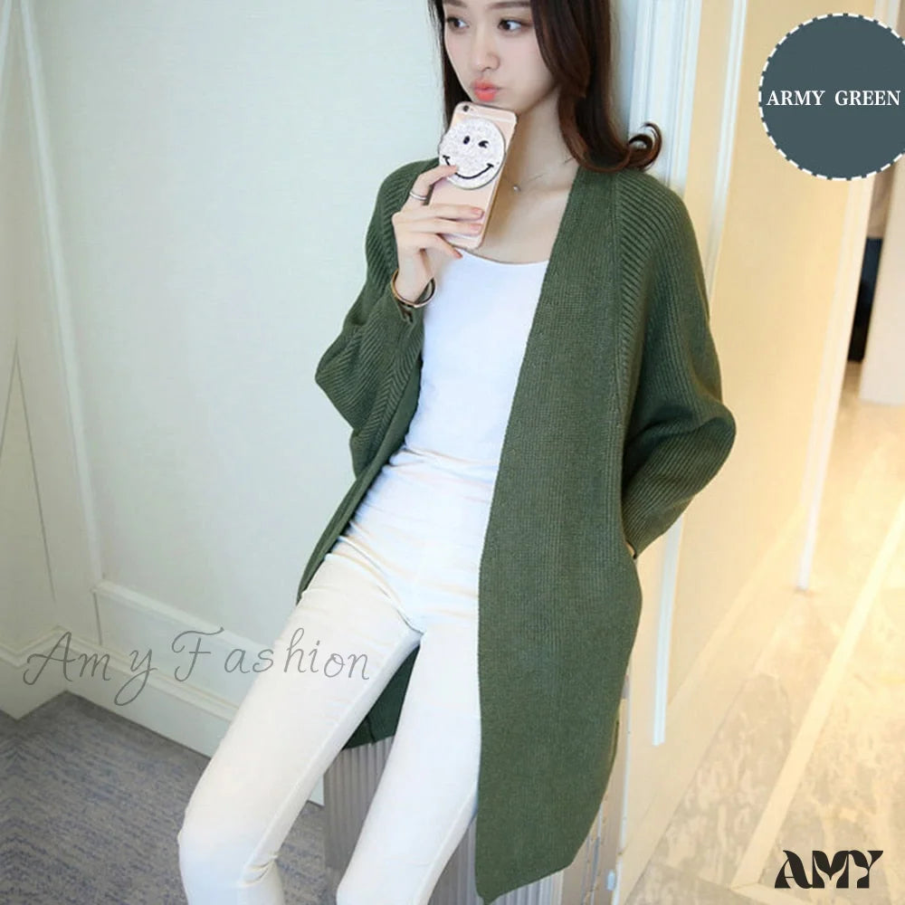 Amy Fashion - Bat Sleeve Knitted Plus Size Jacket Loose Ladies Sweaters Cardigans Army Green / One