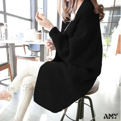 Amy Fashion - Bat Sleeve Knitted Plus Size Jacket Loose Ladies Sweaters Cardigans Black / One