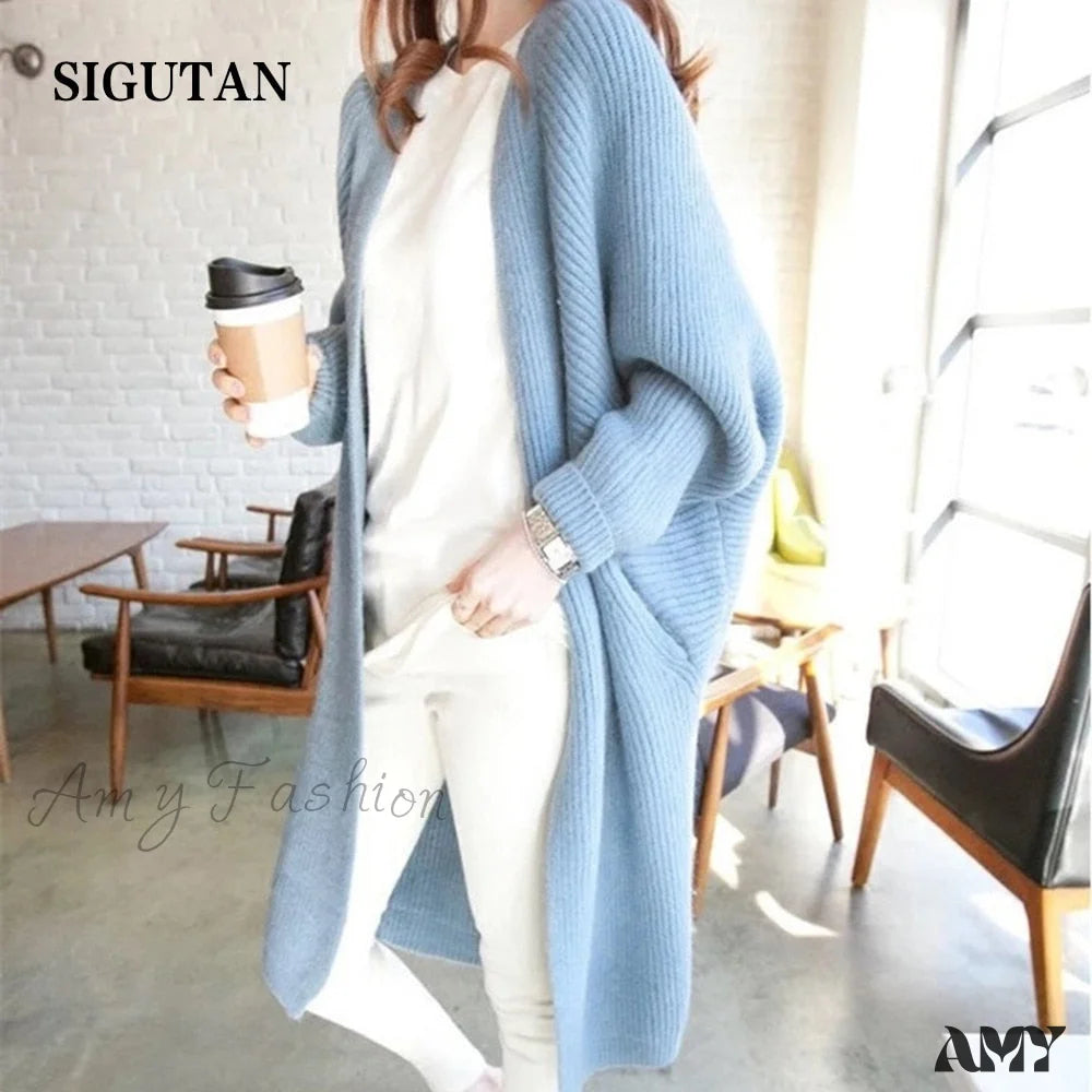 Amy Fashion - Bat Sleeve Knitted Plus Size Jacket Loose Ladies Sweaters Cardigans Blue / One