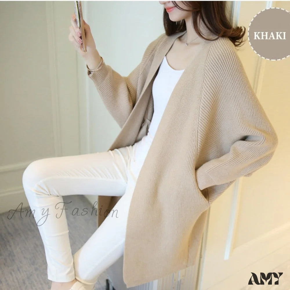 Amy Fashion - Bat Sleeve Knitted Plus Size Jacket Loose Ladies Sweaters Cardigans Khaki / One