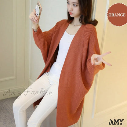 Amy Fashion - Bat Sleeve Knitted Plus Size Jacket Loose Ladies Sweaters Cardigans Orange / One