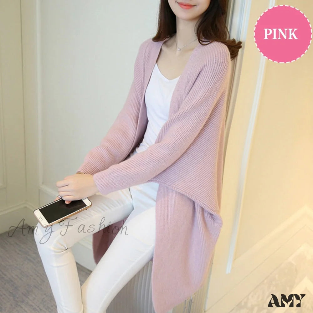 Amy Fashion - Bat Sleeve Knitted Plus Size Jacket Loose Ladies Sweaters Cardigans Pink / One