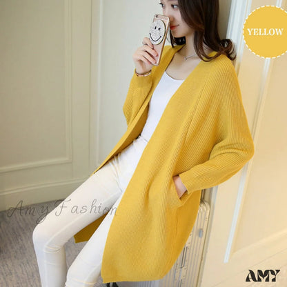 Amy Fashion - Bat Sleeve Knitted Plus Size Jacket Loose Ladies Sweaters Cardigans Yellow / One