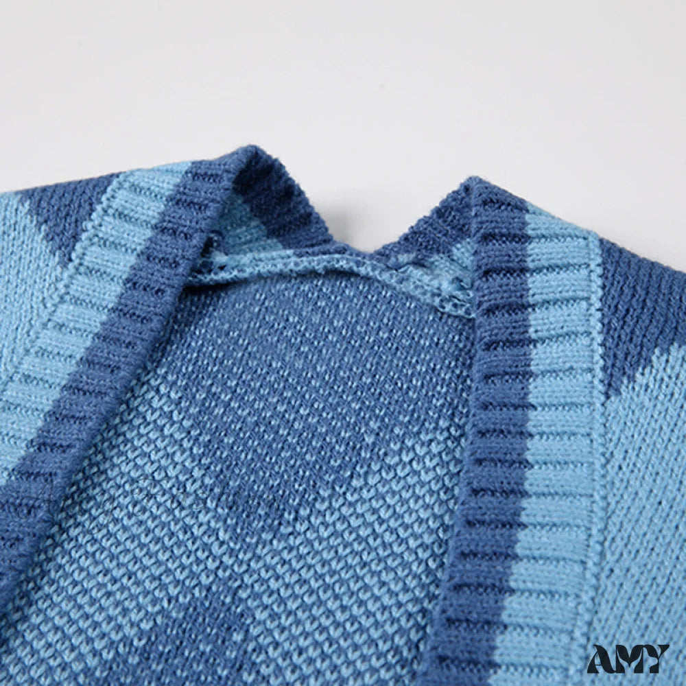 Amy Fashion - Black Blue Daily Plaid Knitwear Cardigan