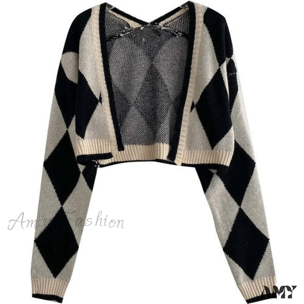 Amy Fashion - Black Blue Daily Plaid Knitwear Cardigan Black / One Size