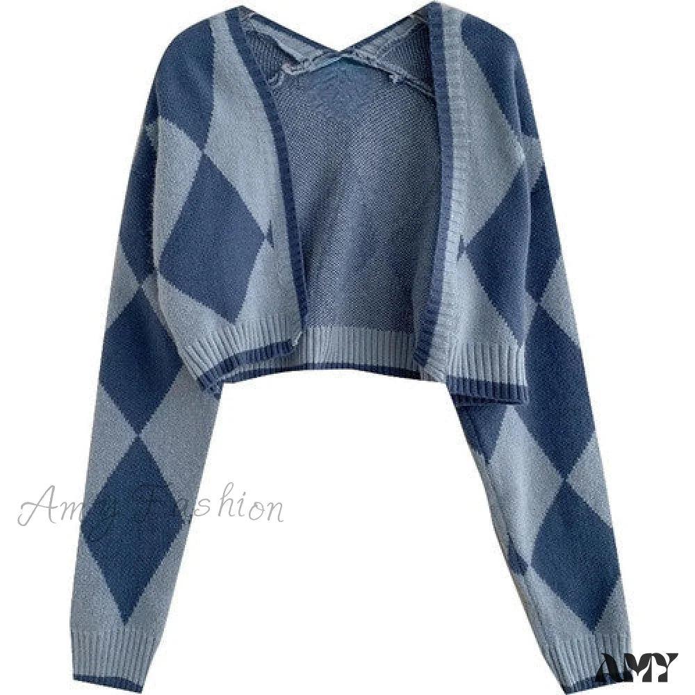 Amy Fashion - Black Blue Daily Plaid Knitwear Cardigan Blue / One Size