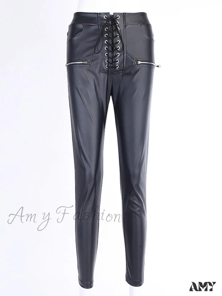 Amy Fashion - Black Faux Pu Leather Pencil Pants