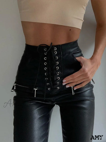 Amy Fashion - Black Faux Pu Leather Pencil Pants