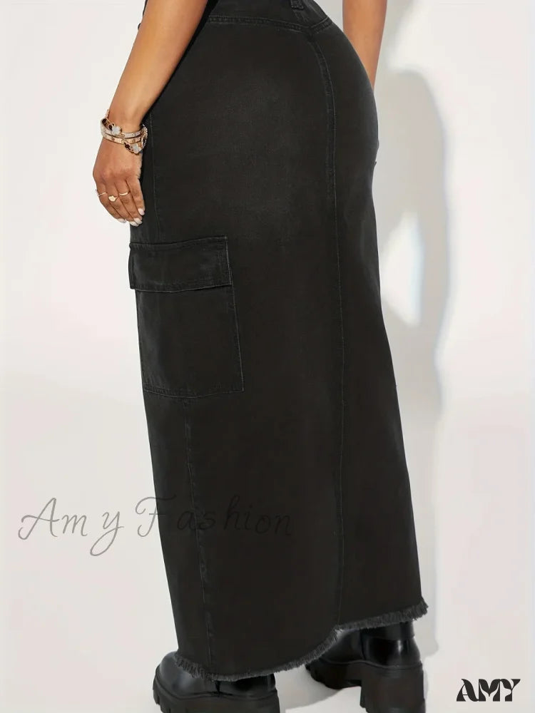 Amy Fashion - Black Flap Pockets Denim Midi Skirt Raw Hem Distressed Washed Cargo Jean