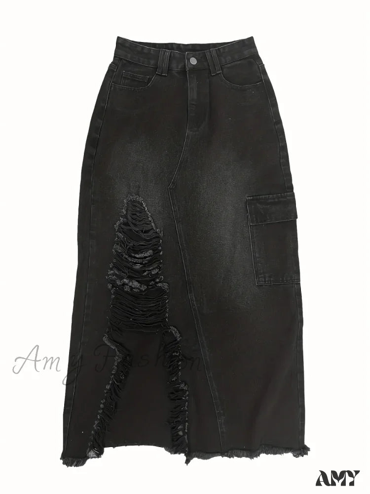 Amy Fashion - Black Flap Pockets Denim Midi Skirt Raw Hem Distressed Washed Cargo Jean