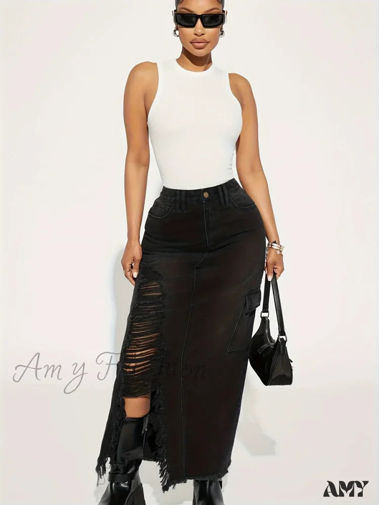 Amy Fashion - Black Flap Pockets Denim Midi Skirt Raw Hem Distressed Washed Cargo Jean