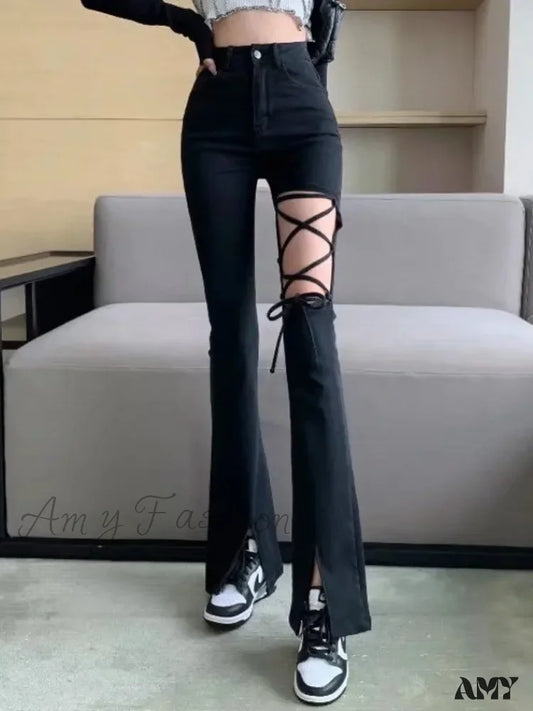 Amy Fashion - Black Ripped High-Waisted Wide-Leg Summer Thin Drape Ice Silk Strap Micro Flared