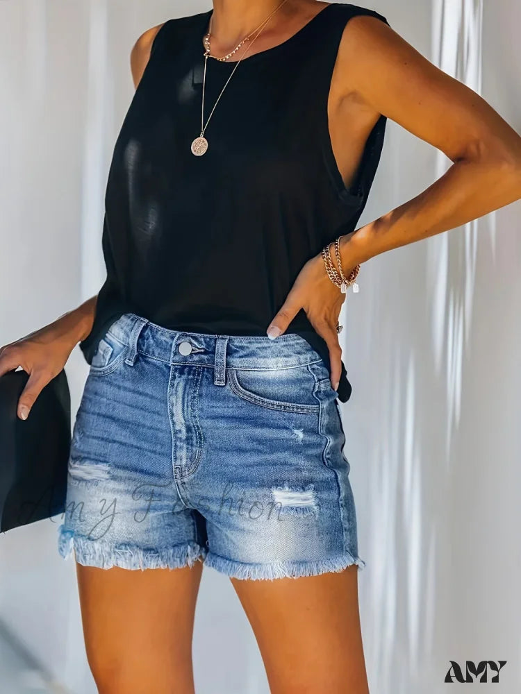 Amy Fashion - Blue Frayed Hem Denim Shorts Ripped Holes Slash Pockets Short Jean