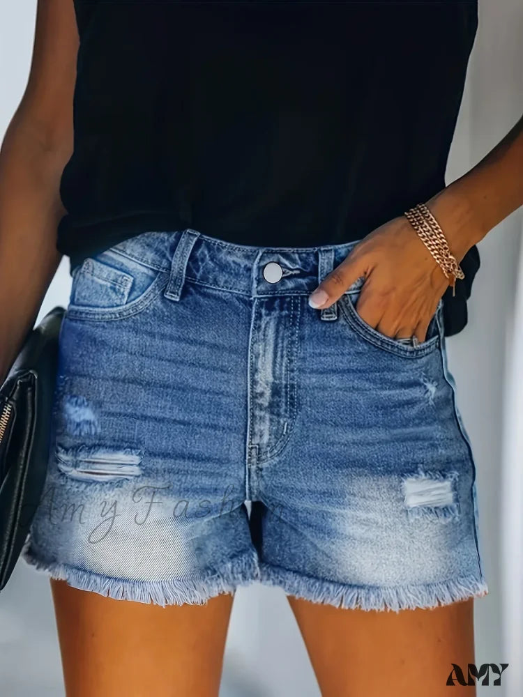 Amy Fashion - Blue Frayed Hem Denim Shorts Ripped Holes Slash Pockets Short Jean