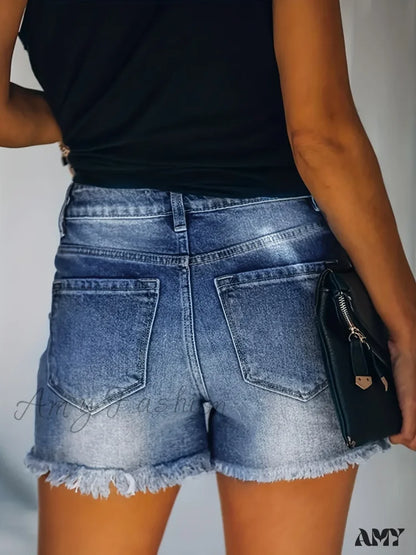 Amy Fashion - Blue Frayed Hem Denim Shorts Ripped Holes Slash Pockets Short Jean