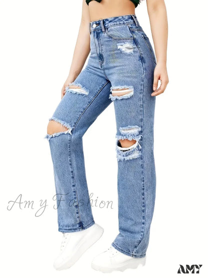 Amy Fashion - Blue Ripped Baggy Straight Slash Pockets Distressed High Waist Loose Fit Denim Jean