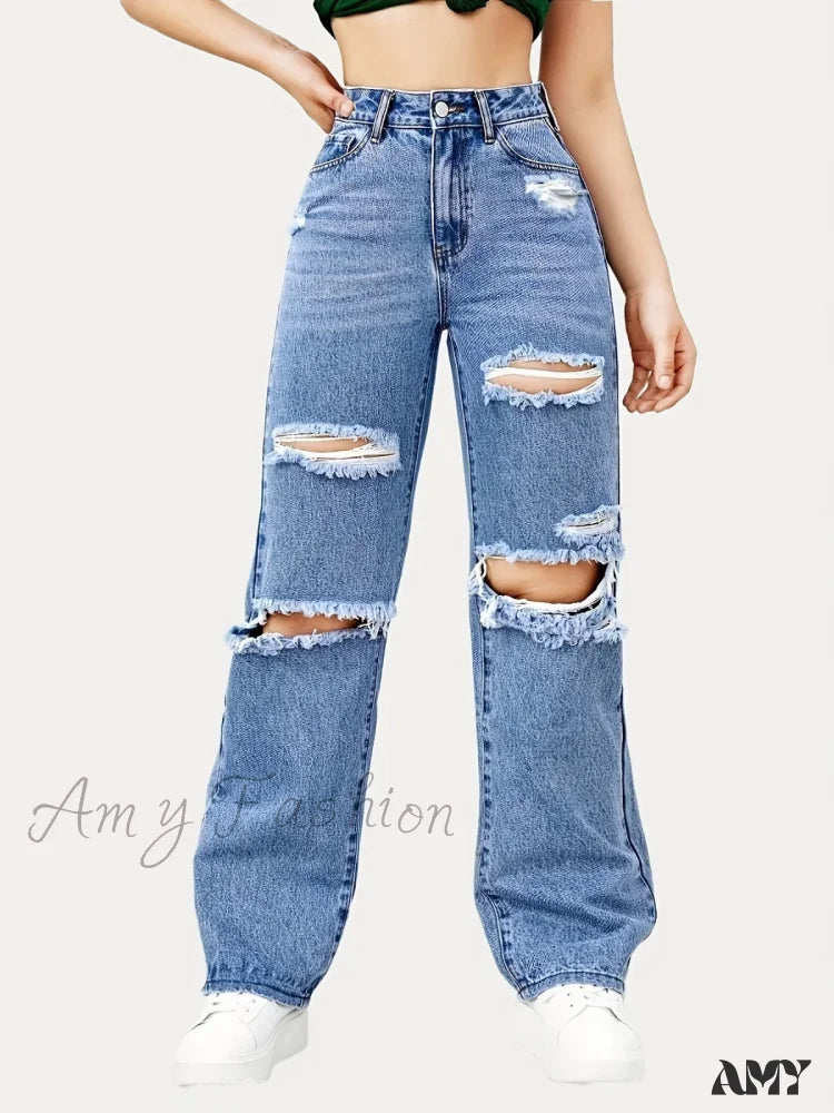 Amy Fashion - Blue Ripped Baggy Straight Slash Pockets Distressed High Waist Loose Fit Denim Jean