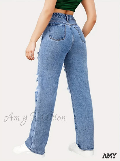 Amy Fashion - Blue Ripped Baggy Straight Slash Pockets Distressed High Waist Loose Fit Denim Jean