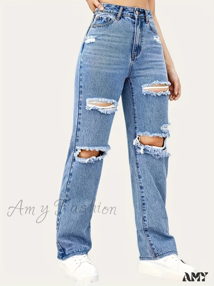 Amy Fashion - Blue Ripped Baggy Straight Slash Pockets Distressed High Waist Loose Fit Denim Jean