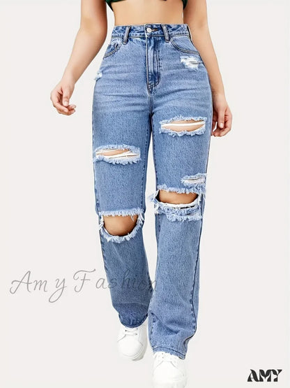 Amy Fashion - Blue Ripped Baggy Straight Slash Pockets Distressed High Waist Loose Fit Denim Jean