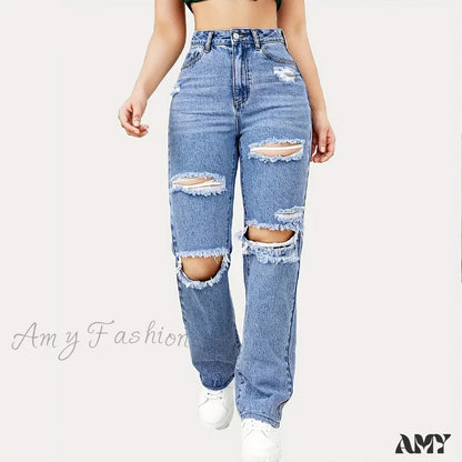 Amy Fashion - Blue Ripped Baggy Straight Slash Pockets Distressed High Waist Loose Fit Denim Jean /