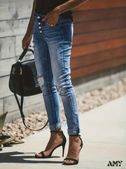 Amy Fashion - Blue Ripped Holes Denim Slim Fit Single-Breasted Button High-Stretch Casual Jean