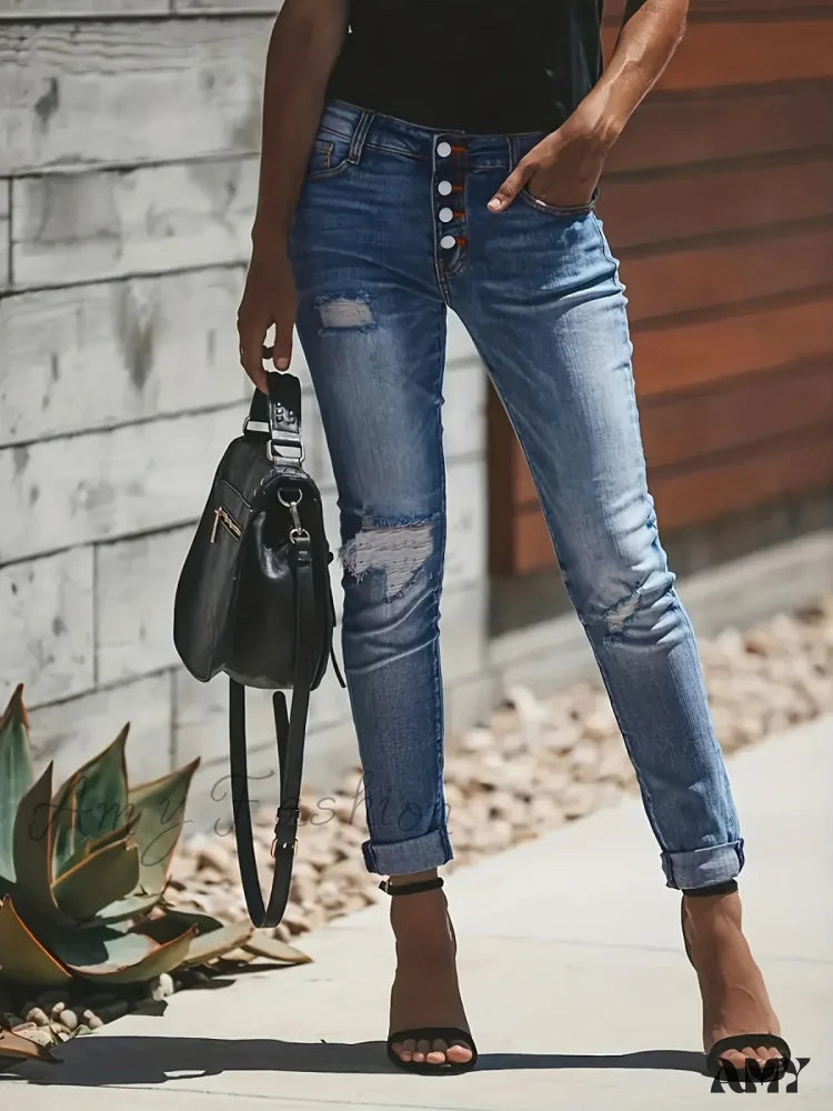 Amy Fashion - Blue Ripped Holes Denim Slim Fit Single-Breasted Button High-Stretch Casual Jean